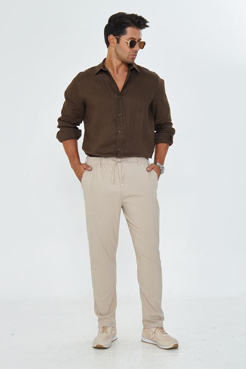 Erkek Bel Kemerli Klasik Bez Ayağı Kumaş Jogger