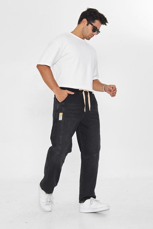 Erkek Parçalı Desen Yan Etiketli Baggy Kot Pantolon 721