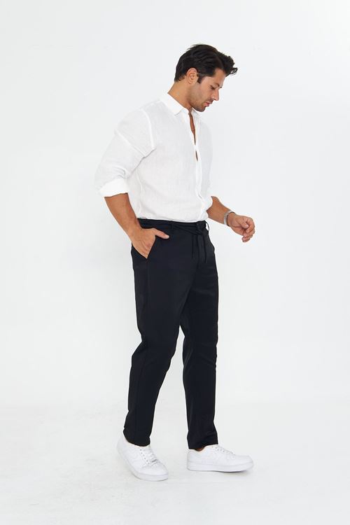 Erkek Düz Klasik Model Saten-Pamuk Kemerli Düz Paça Pantolon