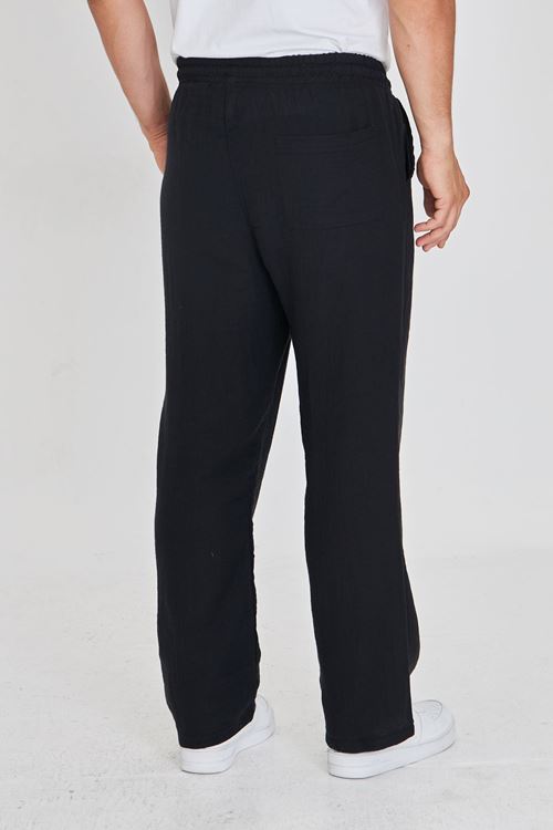 Erkek Baggy Müslin Keten Bel Bağcıklı Lastikli Düz Paça Pantolon