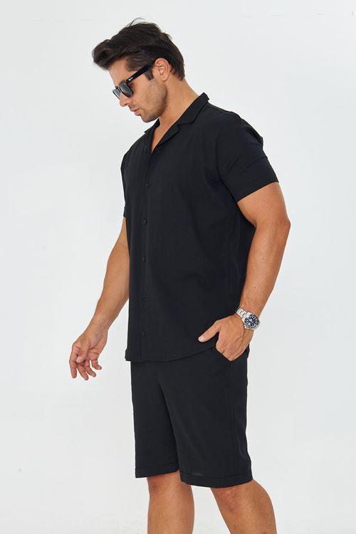 Erkek Keten Apaş Yaka Kısa Kol Gömlek - Şort Takım