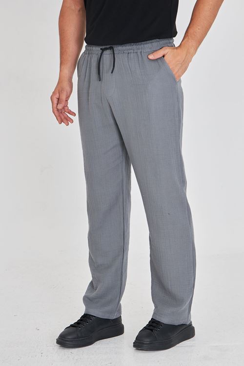 Erkek Baggy Müslin Keten Bel Bağcıklı Lastikli Düz Paça Pantolon