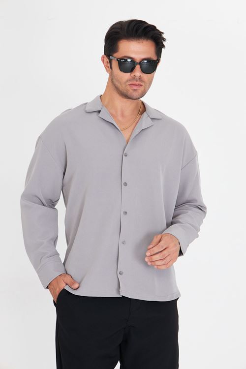 Erkek Uzun Kol Likralı Dabıl Kumaş Apaç Yaka Düşük Omuz Oversize Gömlek