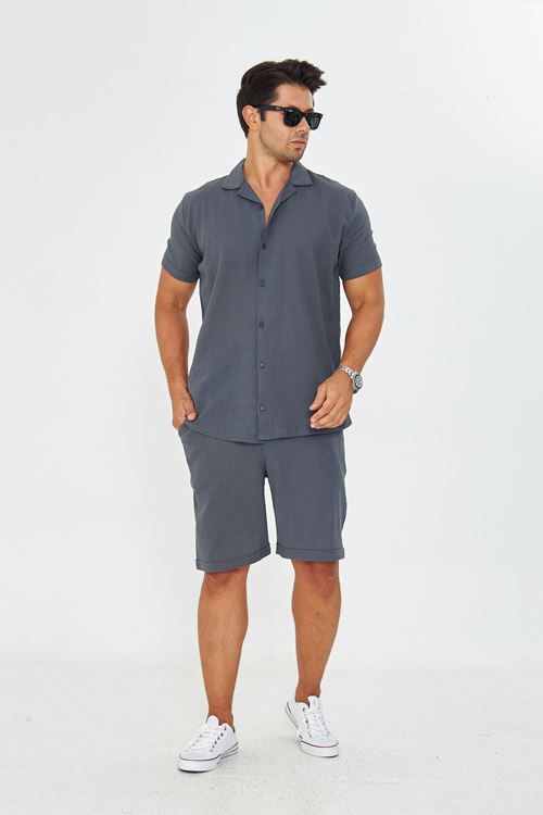 Erkek Keten Apaş Yaka Kısa Kol Gömlek - Şort Takım