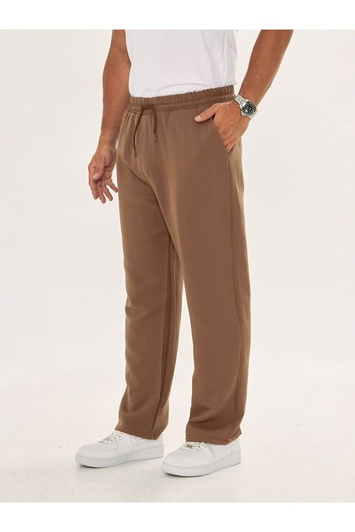 Erkek Baggy Müslin Keten Bel Bağcıklı Lastikli Düz Paça Pantolon