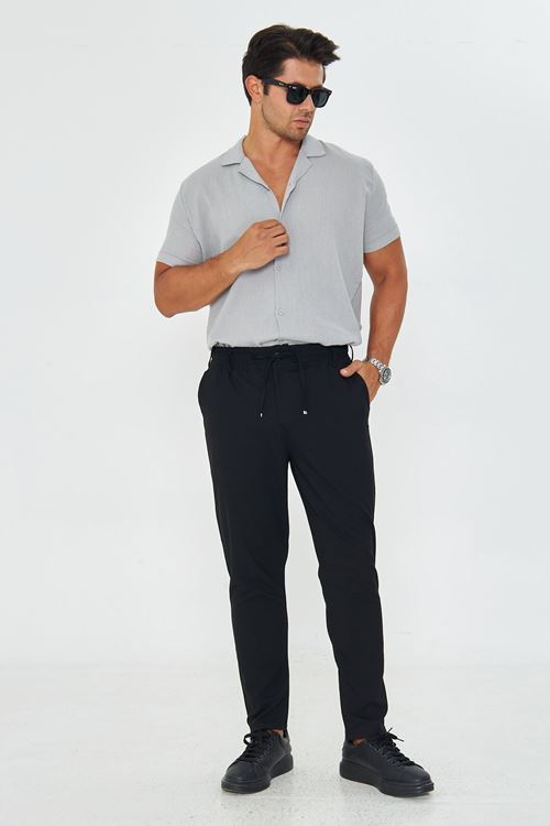 Erkek Bel Kemerli Klasik Bez Ayağı Kumaş Jogger