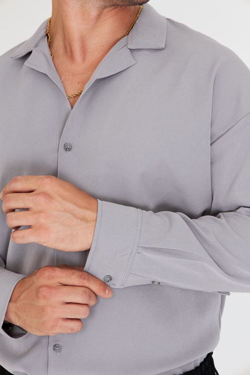 Erkek Uzun Kol Likralı Dabıl Kumaş Apaç Yaka Düşük Omuz Oversize Gömlek