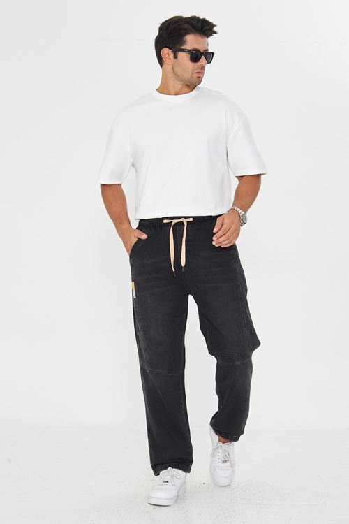 Erkek Parçalı Desen Yan Etiketli Baggy Kot Pantolon 721