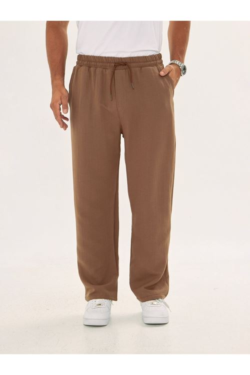 Erkek Baggy Müslin Keten Bel Bağcıklı Lastikli Düz Paça Pantolon