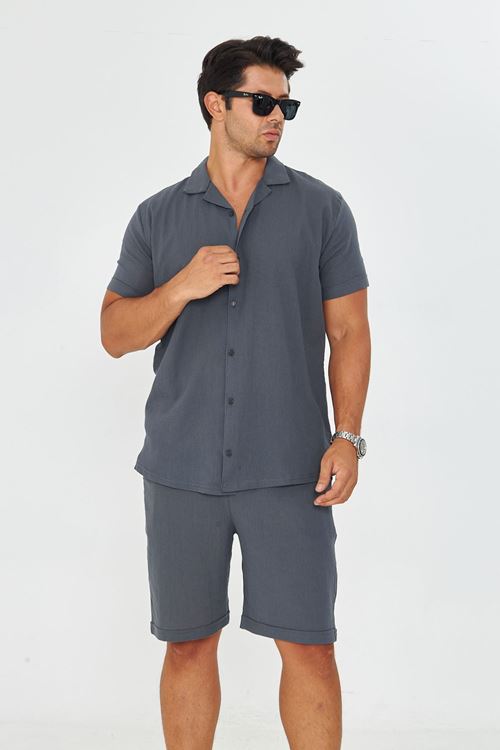 Erkek Keten Apaş Yaka Kısa Kol Gömlek - Şort Takım