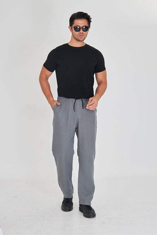 Erkek Baggy Müslin Keten Bel Bağcıklı Lastikli Düz Paça Pantolon