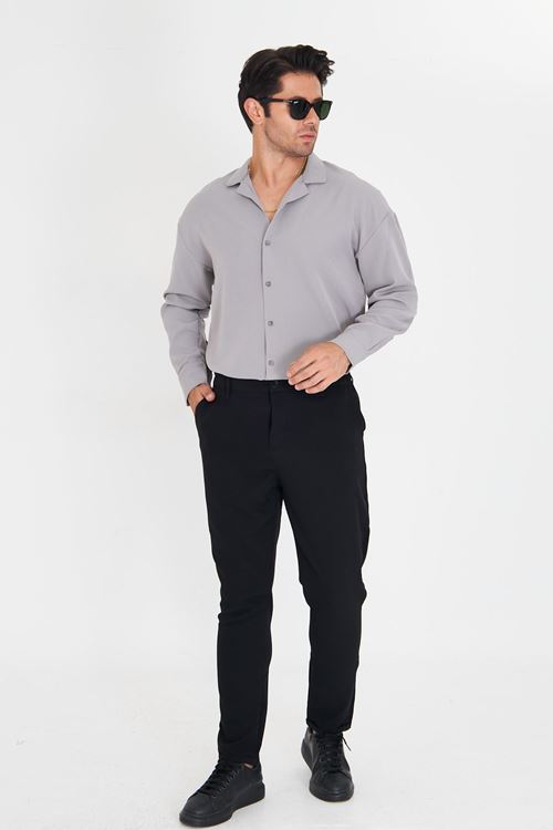 Erkek Uzun Kol Likralı Dabıl Kumaş Apaç Yaka Düşük Omuz Oversize Gömlek