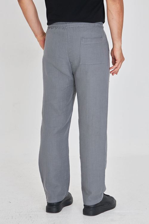 Erkek Baggy Müslin Keten Bel Bağcıklı Lastikli Düz Paça Pantolon