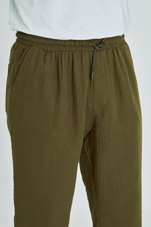 Erkek Baggy Müslin Keten Bel Bağcıklı Lastikli Düz Paça Pantolon