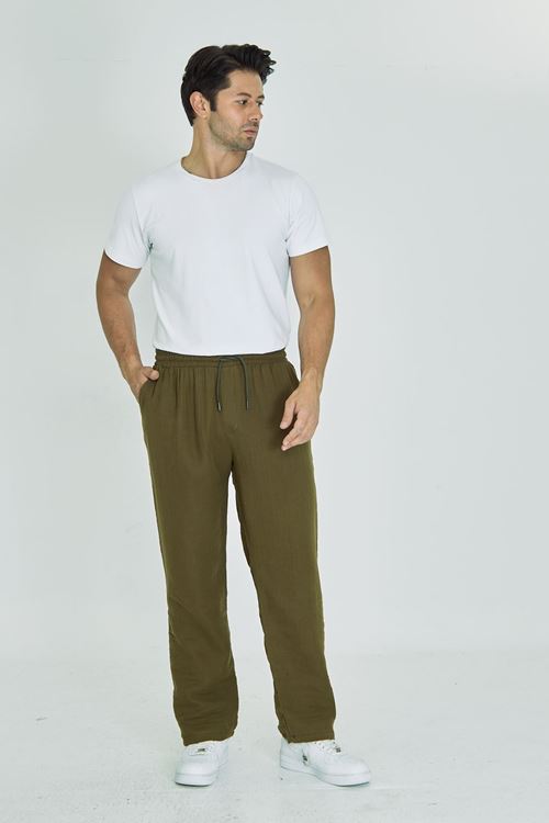 Erkek Baggy Müslin Keten Bel Bağcıklı Lastikli Düz Paça Pantolon