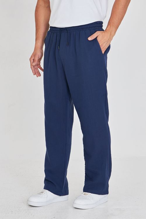 Erkek Baggy Müslin Keten Bel Bağcıklı Lastikli Düz Paça Pantolon