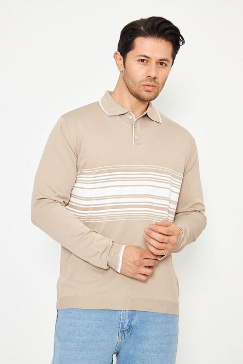 Erkek Göğüs Çizgili Örme Kazak  Şık Ve Rahat Günlük Kullanıma Uygun Düğmeli Polo Yaka Kısa Kol Kazak