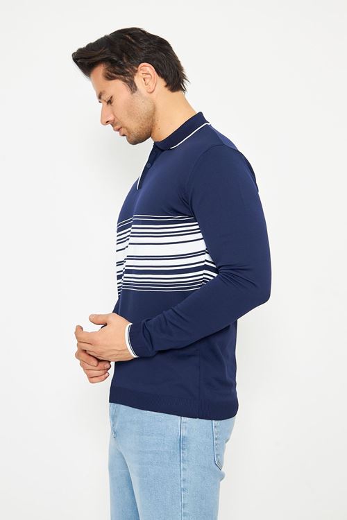 Erkek Göğüs Çizgili Örme Kazak  Şık Ve Rahat Günlük Kullanıma Uygun Düğmeli Polo Yaka Kısa Kol Kazak