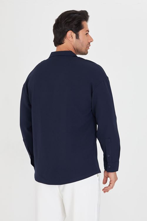 Erkek Uzun Kol Likralı Dabıl Kumaş Apaç Yaka Düşük Omuz Oversize Gömlek