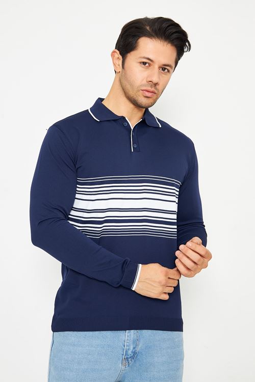 Erkek Göğüs Çizgili Örme Kazak  Şık Ve Rahat Günlük Kullanıma Uygun Düğmeli Polo Yaka Kısa Kol Kazak