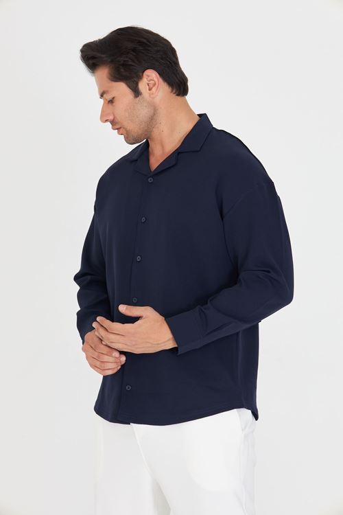 Erkek Uzun Kol Likralı Dabıl Kumaş Apaç Yaka Düşük Omuz Oversize Gömlek