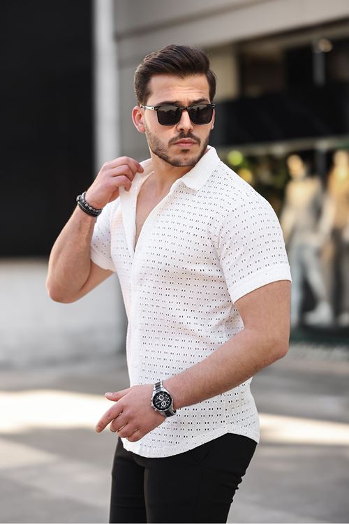 Erkek Kısa Kol Delikli Desen Örme Kumaş Regular Kalıp Kalıp Yeni Sezon Gömlek