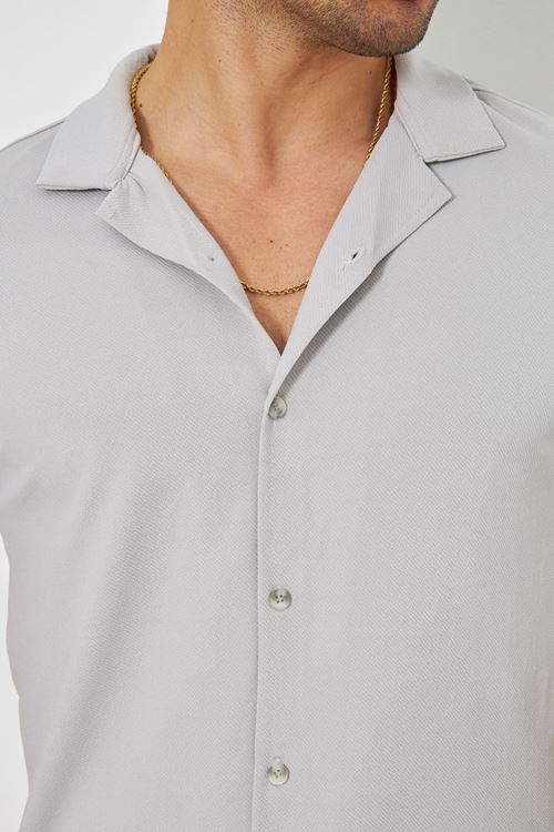 Erkek Örme Kumaş Düğmeli Apaçi yaka Şık Crep Desen Günlük Kullanıma Uygun Kısa Kol Gömlek