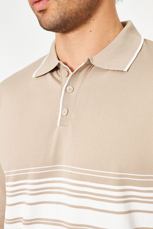 Erkek Göğüs Çizgili Örme Kazak  Şık Ve Rahat Günlük Kullanıma Uygun Düğmeli Polo Yaka Kısa Kol Kazak