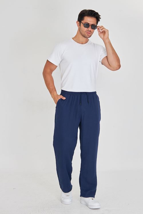 Erkek Baggy Müslin Keten Bel Bağcıklı Lastikli Düz Paça Pantolon