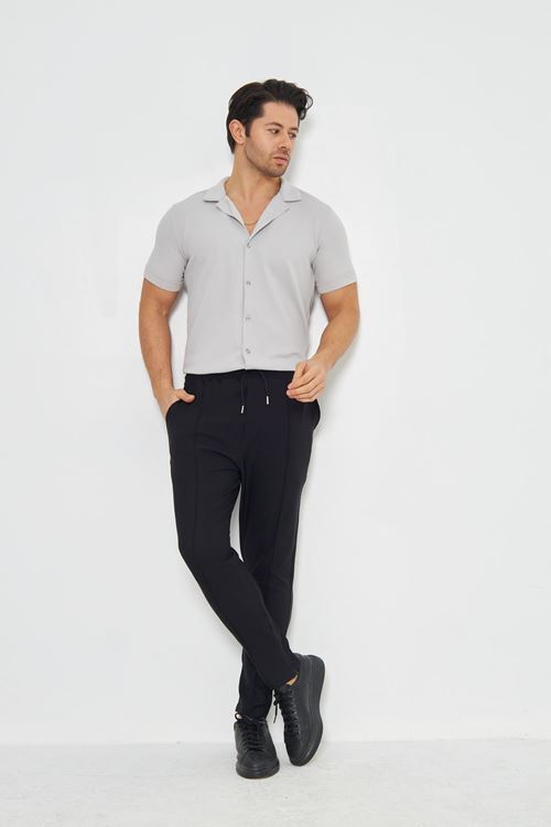 Erkek Örme Kumaş Düğmeli Apaçi yaka Şık Crep Desen Günlük Kullanıma Uygun Kısa Kol Gömlek