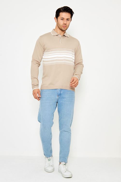 Erkek Göğüs Çizgili Örme Kazak  Şık Ve Rahat Günlük Kullanıma Uygun Düğmeli Polo Yaka Kısa Kol Kazak