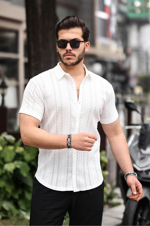 Erkek Kısa Kol Çapraz Delikli Özel Tasarım Örme Regular Kalıp Gömlek