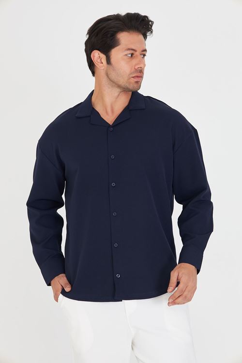 Erkek Uzun Kol Likralı Dabıl Kumaş Apaç Yaka Düşük Omuz Oversize Gömlek