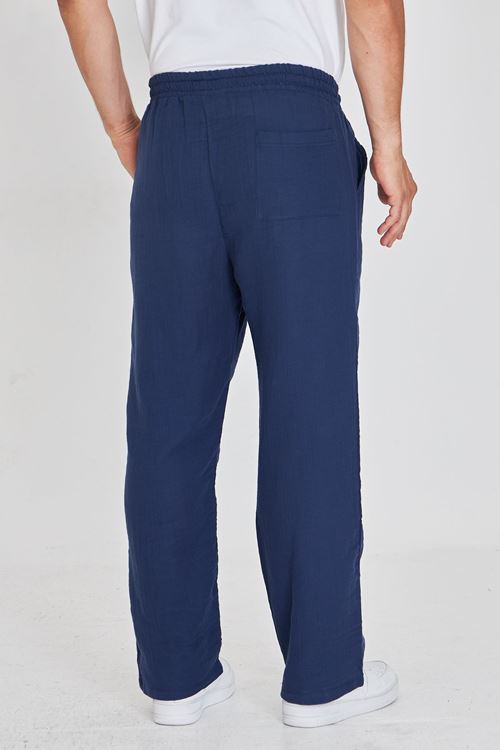 Erkek Baggy Müslin Keten Bel Bağcıklı Lastikli Düz Paça Pantolon