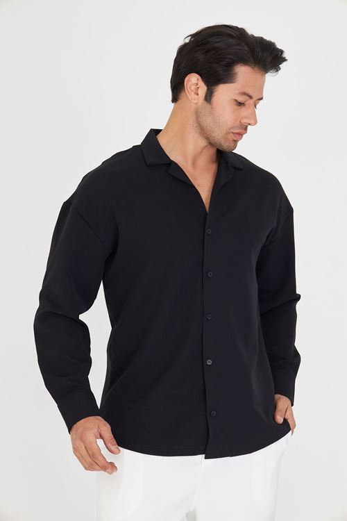 Erkek Uzun Kol Likralı Dabıl Kumaş Apaç Yaka Düşük Omuz Oversize Gömlek