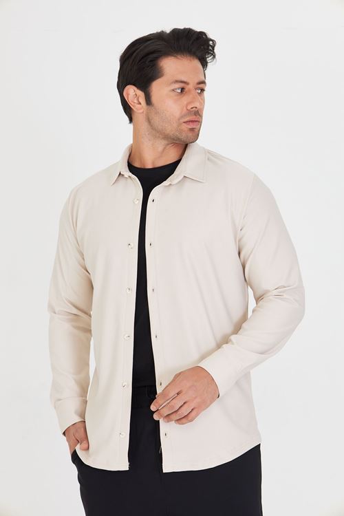 Erkek Uzun Kol Pike Kumaş Dik Yaka Günlük Kullanıma Uygun Slim Klasik Gömlek