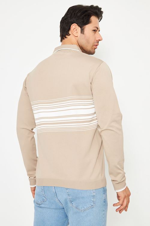 Erkek Göğüs Çizgili Örme Kazak  Şık Ve Rahat Günlük Kullanıma Uygun Düğmeli Polo Yaka Kısa Kol Kazak