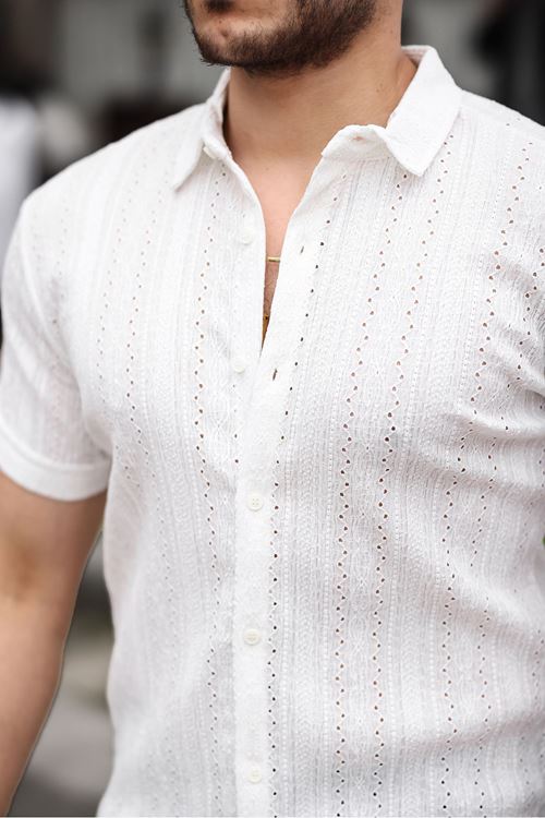 Erkek Kısa Kol Çapraz Delikli Özel Tasarım Örme Regular Kalıp Gömlek