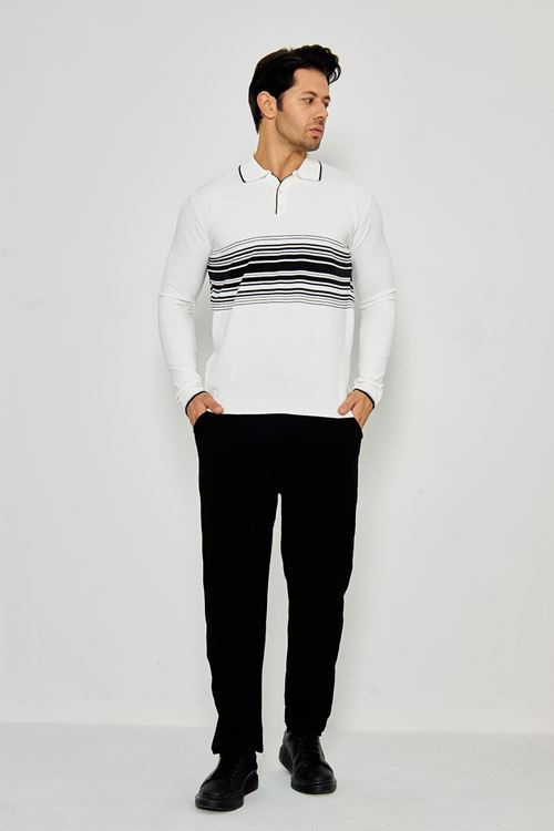 Erkek Göğüs Çizgili Örme Kazak  Şık Ve Rahat Günlük Kullanıma Uygun Düğmeli Polo Yaka Kısa Kol Kazak