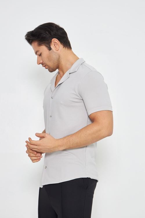 Erkek Örme Kumaş Düğmeli Apaçi yaka Şık Crep Desen Günlük Kullanıma Uygun Kısa Kol Gömlek