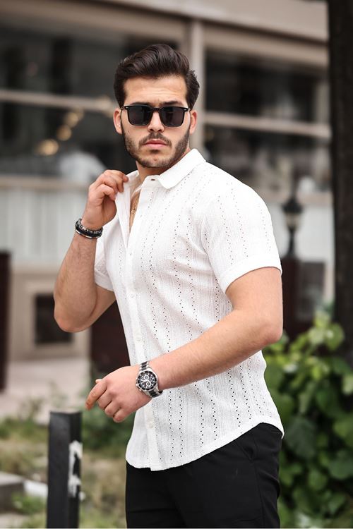 Erkek Kısa Kol Çapraz Delikli Özel Tasarım Örme Regular Kalıp Gömlek