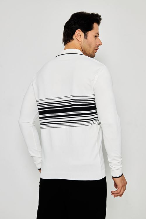 Erkek Göğüs Çizgili Örme Kazak  Şık Ve Rahat Günlük Kullanıma Uygun Düğmeli Polo Yaka Kısa Kol Kazak