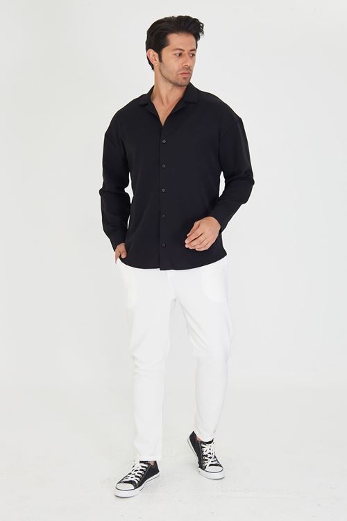 Erkek Uzun Kol Likralı Dabıl Kumaş Apaç Yaka Düşük Omuz Oversize Gömlek