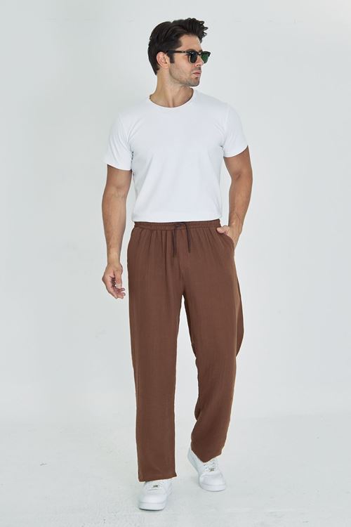 Erkek Baggy Müslin Keten Bel Bağcıklı Lastikli Düz Paça Pantolon