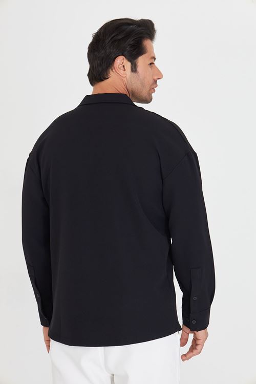 Erkek Uzun Kol Likralı Dabıl Kumaş Apaç Yaka Düşük Omuz Oversize Gömlek