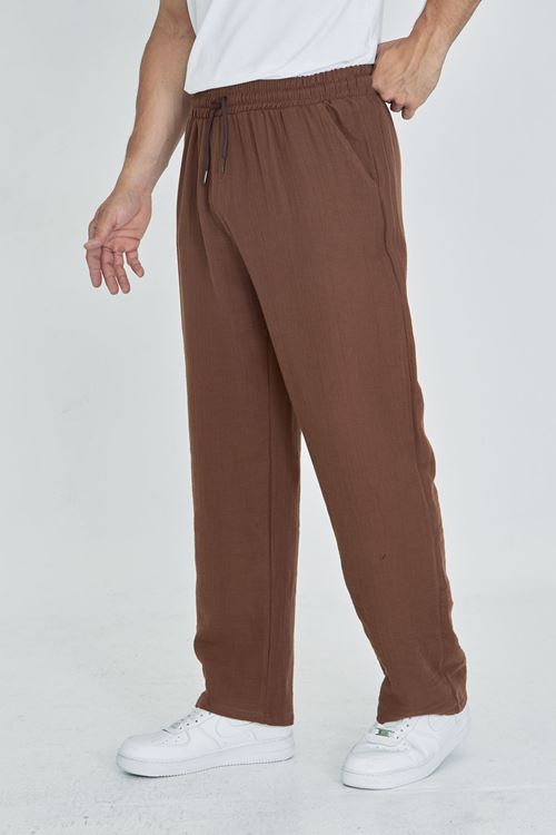 Erkek Baggy Müslin Keten Bel Bağcıklı Lastikli Düz Paça Pantolon