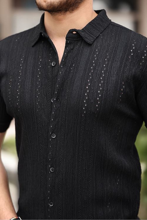Erkek Kısa Kol Çapraz Delikli Özel Tasarım Örme Regular Kalıp Gömlek