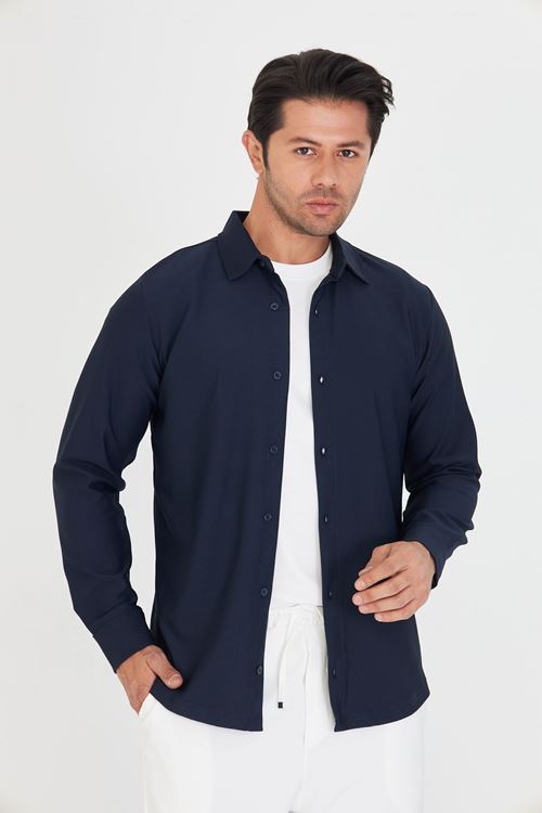 Erkek Uzun Kol Pike Kumaş Dik Yaka Günlük Kullanıma Uygun Slim Klasik Gömlek