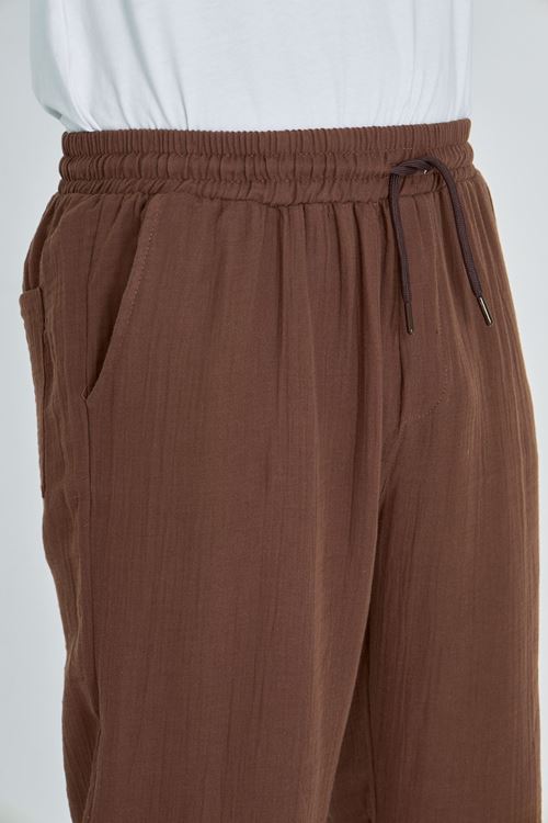 Erkek Baggy Müslin Keten Bel Bağcıklı Lastikli Düz Paça Pantolon