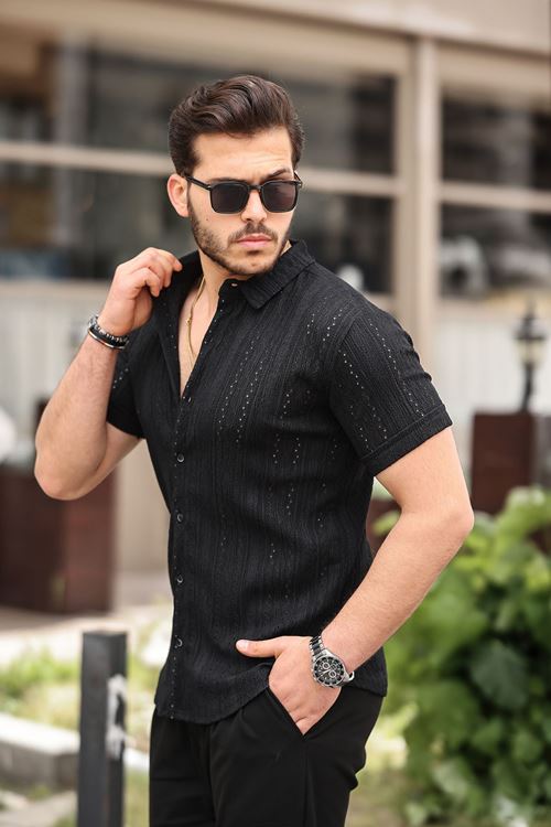 Erkek Kısa Kol Çapraz Delikli Özel Tasarım Örme Regular Kalıp Gömlek